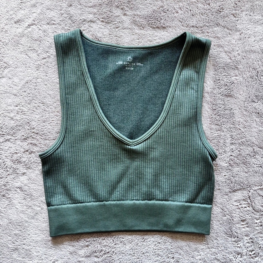 Aerie Offline Ribbed V Neck Sports Bra Tank Top Green Size Small